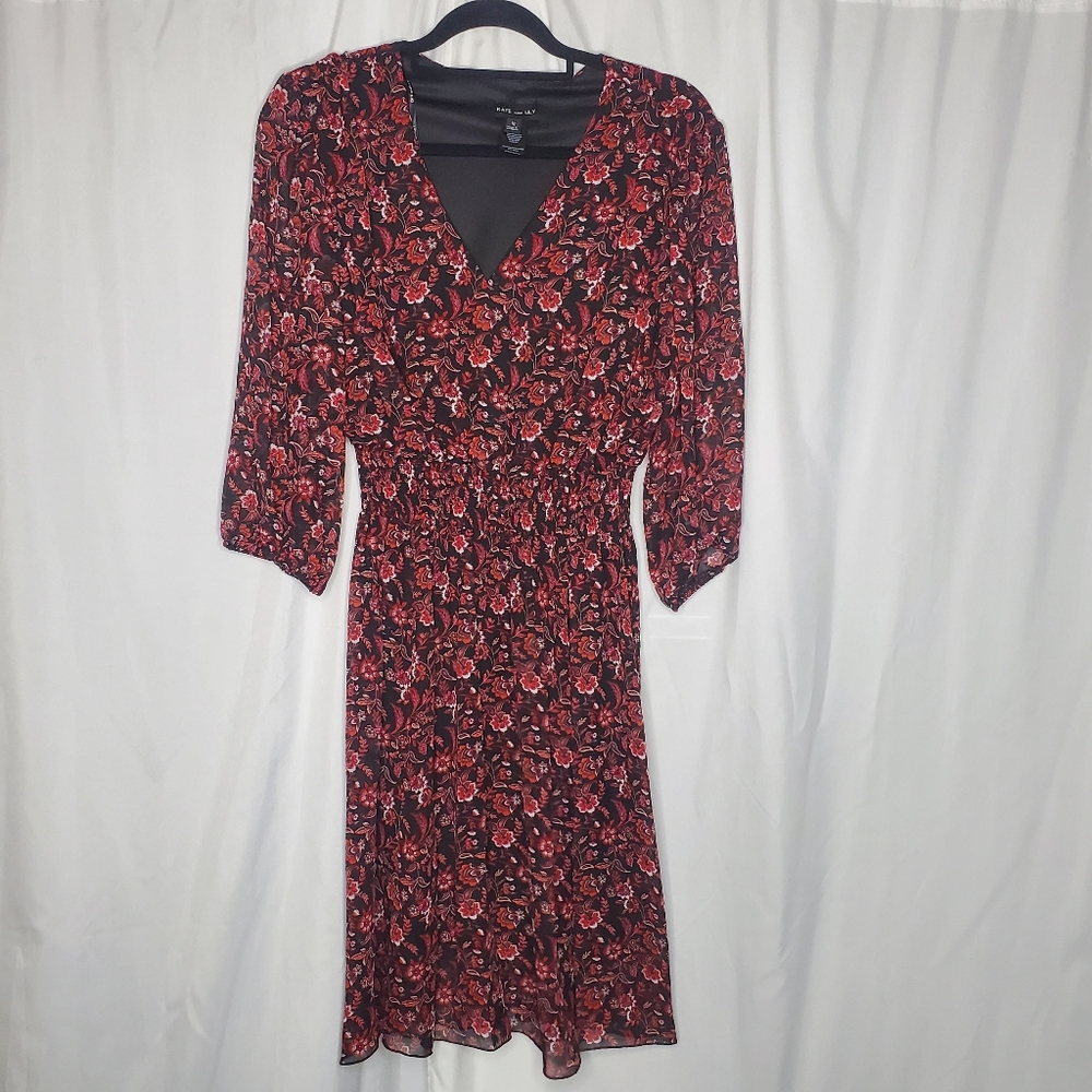 ◇ Kate & Lily Black and Red Ditzy Floral Print Chiffon Dress Size 12